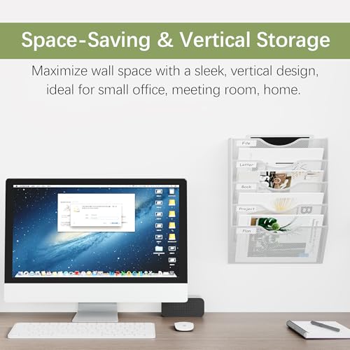 EasyPAG Wall File Organizer 5 Tier Hanging Paper Folder Holder, Zero Assembly Metal Mesh Wall Mounted Mail Organizer for Office Home Classroom Narrow Spaces, White - color: White, size: 5 Tier