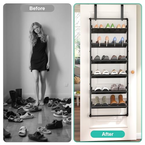BUKFEN 6 Tier Adjustable Heavy Duty Metal Shoe Rack, Door Hanging and Wall Mount Organizer for Closet, Bedroom, Entryway, Laundry, Apartment, Small Spaces, Space Saving Solution for Busy Homes