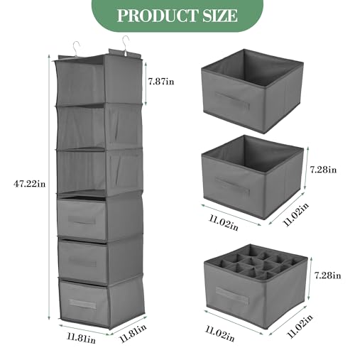 Garvee Hanging Closet Organizer with Drawers, 3-Tier Non-Woven Fabric Storage Shelves, Foldable Closet Organizer for Bedroom, 11.8x11.8x47.2 Inches, Grey - color: Beige