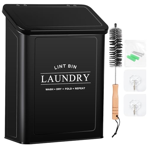 Magnetic Lint Bin for Laundry Room, Metal Lint Trash Can with Lid and Brush, Wall Mounted Lint Box for Dryer, Farmhouse Laundry Room Decor, Black - color: Black, size: Pattern 2