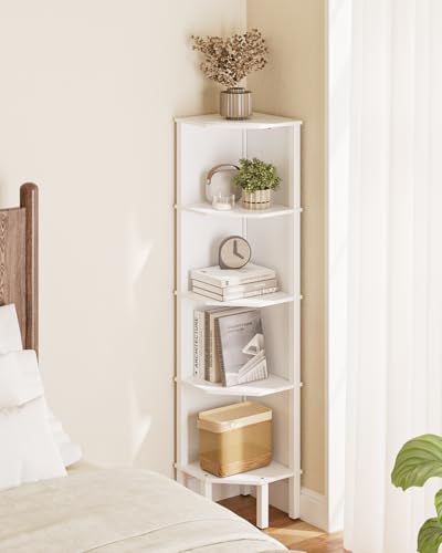 Corner Shelf, 5 Tier Corner Bookshelf, Display Corner Shelf Stand with Storage Rack, Wall Corner Bookshelf for Living Room, Bedroom, Office, White - color: White