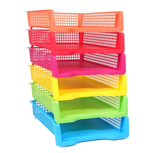 ZZYFGH 6 Pack Turn in Trays for Teachers, Plastic Classroom Paper Organizers, Colorful Storage Baskets for Office, Stackable Office Desktop Document Paper Storage(13.4 * 9.5 * 2.7in)