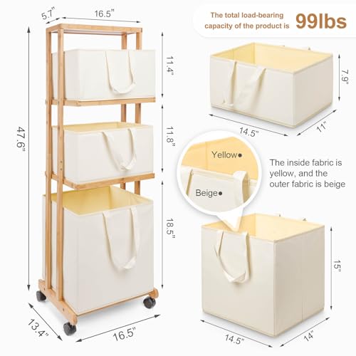 Homde Laundry Basket 3 Tier Bamboo Storage Shelf with Wheels Removable Container with Handle Freestanding Clothes Hamper Organizer for Bathroom Living Room Bedroom (Natural) - color: Natural