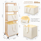 Homde Laundry Basket 3 Tier Bamboo Storage Shelf with Wheels Removable Container with Handle Freestanding Clothes Hamper Organizer for Bathroom Living Room Bedroom (Natural) - color: Natural