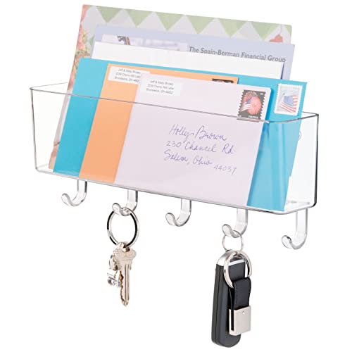 mDesign Plastic Wall Mount Mail and Key Holder with 5 Hooks, Hanger Rack Shelf for Home Entryway, Mudroom, Kitchen, Hold Letters, Cards, Magazines, Coats, Umbrellas, Ligne Collection - Clear - color: Clear