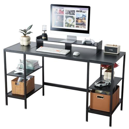 MINOSYS Computer Desk 55-inch with Storage Shelf - Black Ideal Gaming Desk for Bedrooms, Small Spaces, and Home Offices Modern Writing Desk for PCs. - color: Tx-black, size: 55 inch