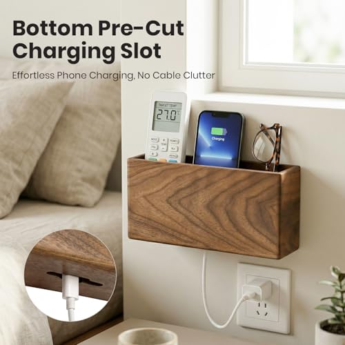 Remote Holder Hole-Free, Self-Adhesive Storage Wooden Box, Wall Mounted or Desk Mounted Container(Large Size) - size: Large