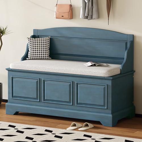 Knocbel Rustic Entry Storage Bench with Hidden Compartments and Removable Cushion, Wooden Entryway Hallway Foyer Shoe Bench Bedroom End of Bed Bench (Antique Navy and Beige) - color: Antique Navy and Beige