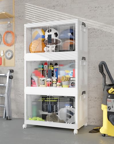 OlarHike 97QT Stackable Storage Bins with Lids - Folding Storage Box with Doors and Wheels, Collapsible Plastic Storage Drawers for Closets and Organization, Garage, 3 Pack Cubes, Gifts for Family - size: 97QT-White, style: 3Pack
