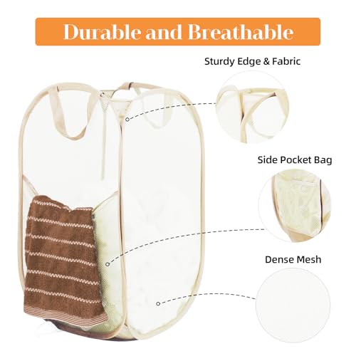 Durable Collapsible Laundry Baskets- Reinforced Mesh Pop Up Laundry Hamper with Side Pocket, Foldable Clothes Storage Hamper with Carry Handles for Laundry, Bathroom, Kids Room, Dorm or Travel Beige - color: Beige, size: Pop Vertical