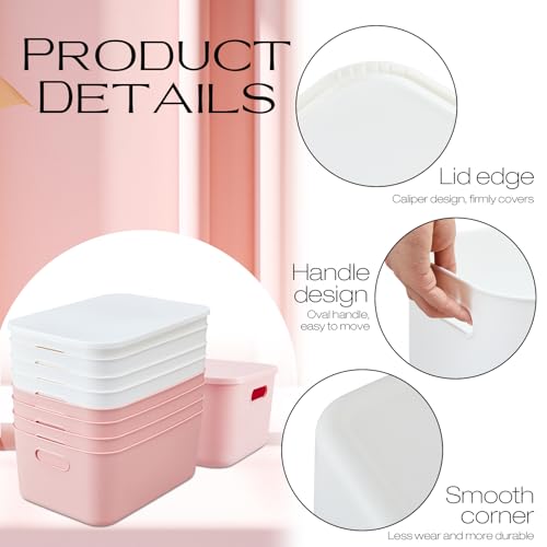 Hoolerry 8 Pieces Colorful Storage Bins with Lid, Plastic Storage Basket Organizing Container Stackable Box with Handle for Shelves Desktop Playroom Office(13.8 x 9.8 x 5.9 Inch,White and Pink) - color: White and Pink, size: 13.8 x 9.8 x 5.9 Inch