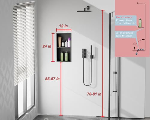 No Tile Needed Shower Niche for Bathroom Storage,Recessed Wall Niche,Double Shelves,Stainless Steel(Black, 24 * 12 in) - color: Black, size: 24 * 12 in