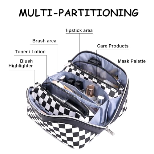 BOYATU Travel Makeup Bag Cosmetic Bags for Women: Large Make up Bags Set of 3 - Portable Makeup Organizer with Compartments&Handle&Divider - Waterproof PU Leather Toiletry Bag(A-5-Checkered Mix Black) - color: A-911-Checkered Mix Black