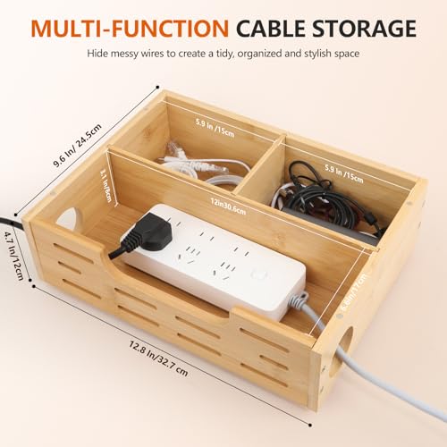 Cable Management Box – Large Extension Cable Organizer Box for Power Strips Floor Outlet Hider Durable Bamboo Cord Hider for Home Office Under Desk & Floor TV Wires Computer Router USB Hub Cables