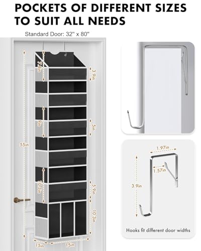Over The Door Organizer Hanging - 6 Shelf Over Door Organizer with 6 Clear Front & 12 Side Pockets - 50LB Load Behind Storage for Closet Bedroom Bathroom Nursery Baby Essentials(Black) - color: Black