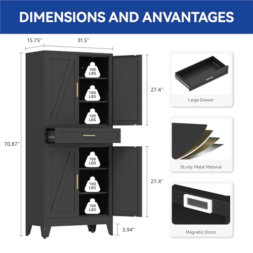 COFaR 71'' Tall Metal Pantry Cabinet with Drawer, Kitchen Storage Cabinet with 4 Doors and Shelves, Freestanding Farmhouse Food Cupboard for Kitchen Dinning Room Garage, Black 6-Tier - color: Black, size: 71 Tall 4 Doors 1 Drawer-Tree Door