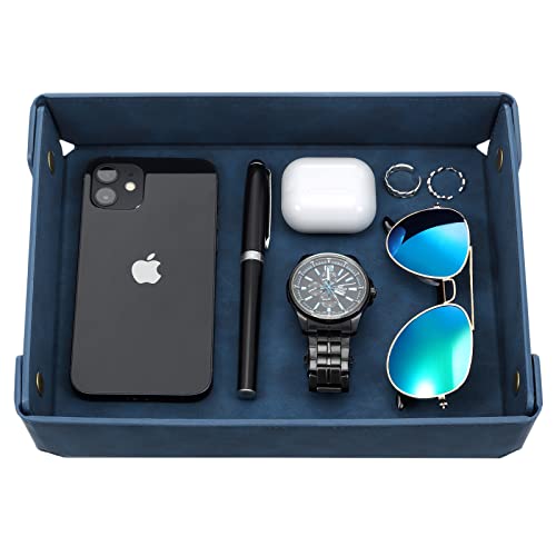 CASIRENA Faux Leather Valet Tray Organizer for Men - Catch-All Tray for Entryway Table Key, Wallet, Watch, Coin Change, Phone, Dresser EDC Dump Jewelry, Bedside Nightstand Desk-top - color: Blue, size: Rectangle