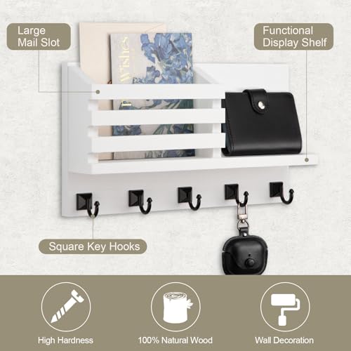 Key Holder Wall Mount, Mail Organizer for Wall with 5 Square Rustic Key Hooks Key Shelf Farmhouse Home Decor for Entryway - color: White