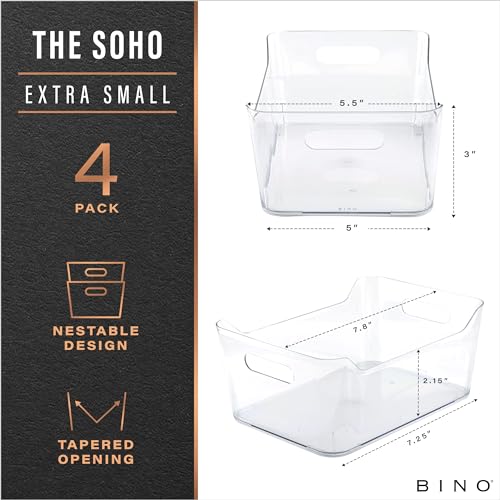 BINO | Plastic Organizer Bins, X-Small - 4 Pack | THE SOHO COLLECTION | Multi-Use Organizer Bins | Pantry & Freezer Bin | Plastic Storage Containers | Bin for Home & Kitchen Org - size: X-Small