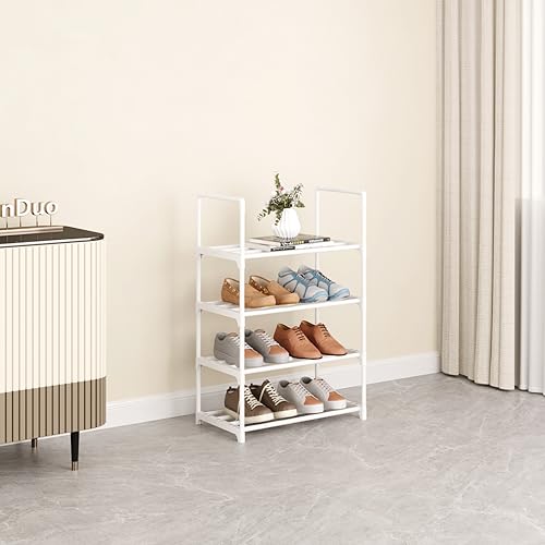Metal Stackable Small Shoe Rack Organizer, Narrow Shoe Racks for Closets Entryway, Shoe Stand,Shoe Shelf with Handle (4-Tier-White) - size: 4-Tier-White