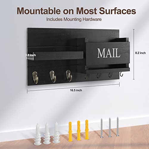 Lwenki Mail Organizer for Wall Mount – Key Holder with Shelf Includes Letter Holder and Hooks for Hallway Farmhouse Decor – Rustic Wood with Flush Mounting Hardware (16.5” x 9.1” x 3.4”) (Black) - color: Black