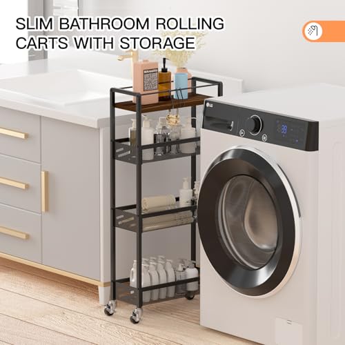 DGSNADGO Slim Rolling Storage Cart, 4-Tier Kitchen Cart on Wheels, Narrow Utility Cart with Handle and Wooden Tabletop for Small Space in Kitchen, Living Room, Bathroom, Rustic Brown and Black - color: Rustic Brown+black