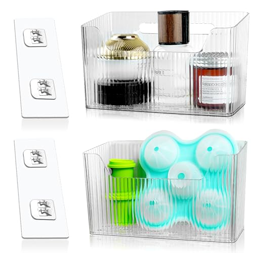 2 Pack Cabinet Door Organizer, Adhesive Wall Mounted Organizer Bins, Clear Storage Caddy, Stackable Basket for Kitchen Cabinets, Bathroom, Pantry, Office, and Tabletop Organization