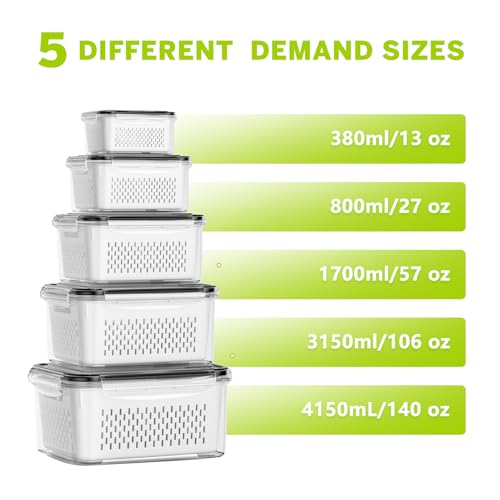 HOMETALL 5 Pack Fruit Storage Containers for Fridge, Plastic Fruit Containers for Fridge with Removable Colanders, Leakproof Fridge Organizers and Storage for Berry Vegetable Salad Lettuce Meat Food - color: 5PCS White