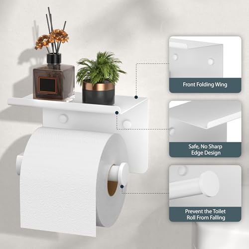 FORIOUS Toilet Paper Holder with Shelf, Adhesive or Screw Wall Mount Toilet Paper Roll Holder for Bathroom, Rustproof 304 Stainless Steel Toilet Roll Tissue Holder Dispenser with Shelf (1, White) - color: White