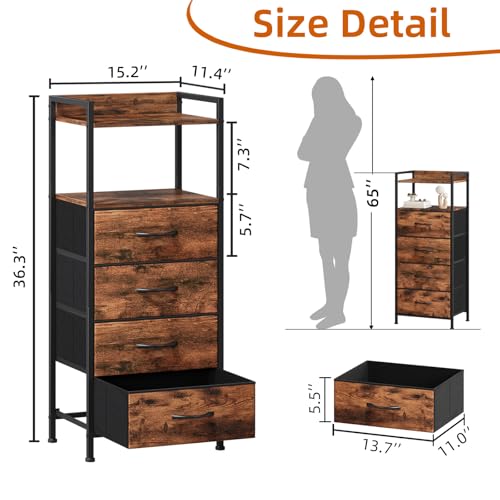 Somdot Nightstand with 4 Drawers, Vertical Storage Tower Fabric Dresser for Bedroom, Night Stand Bedside Table Furniture, Sturdy Steel Frame, Wooden Top & Easy Pull Fabric Bins, Wood Grain Print - color: Wood Grain Print, size: 11.4"D x 15.2"W x 36.3"H (4