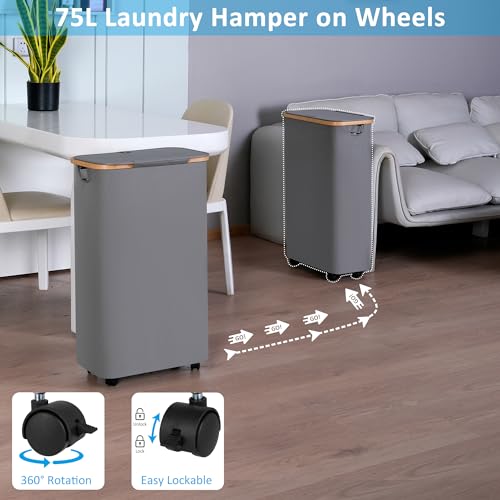 efluky Slim Laundry Basket with Wheels, Narrow Rolling Laundry Hamper with Lid and Removable Bag, Tall Aesthetic Dirty Clothes Hamper on Wheels for Laundry Room, Bedroom, Dorm and Bathroom, 75L Grey - color: Grey, size: 75L