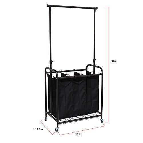 Oceanstar TLS1385 3-Bag Rolling Adjustable Hanging Bar Laundry Sorter, Bronze