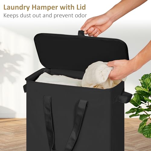 efluky Slim Laundry Basket with Lid, Narrow Laundry Hamper with Handles, Collapsible Dirty Clothes Hamper, Tall Laundry Bin for Laundry Room, Dorm and Bedroom, 55L Black - color: Black, size: 55L with Lid