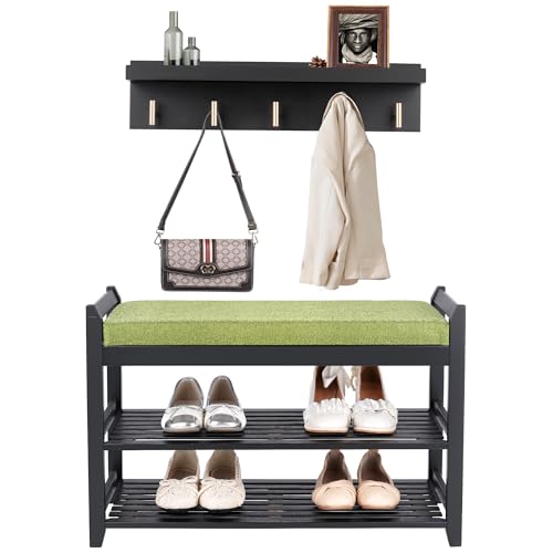 PETKABOO Shoe Rack for Front Door Entrance, 28” Entryway Bench with Coat Rack, Hall Tree Shoe Bench with Storage for Entry, Hallway, Bedroom, Living Room - color: Black, style: 28 in with hook