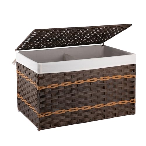 OIAHOMY Storage Basket with Lid, 27.7 Gallon (105L) Blanket Basket with Removable Liner Bag, Synthetic Wicker Hamper with Handle, Hamper for Living Room, Brown - color: Brown, size: 105L
