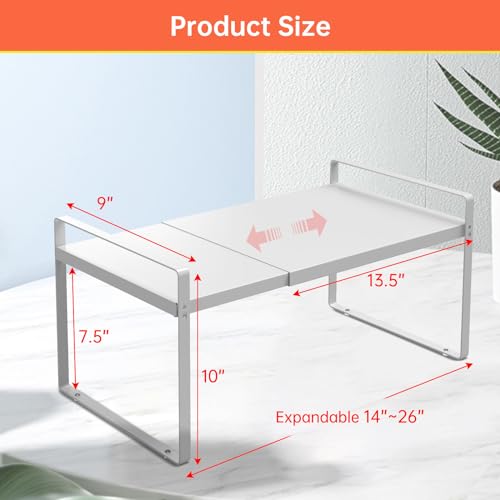 Expandable Cabinet Shelf Organizer Rack 9 inch, Pantry Organizer Lengthen from 14” to 25” ， Large Kitchen Cabinet Storage Shelf Rack， Storage Organizer white，Spice Rack Expandable Shelves, - color: 9" wide ( 1 PACK)
