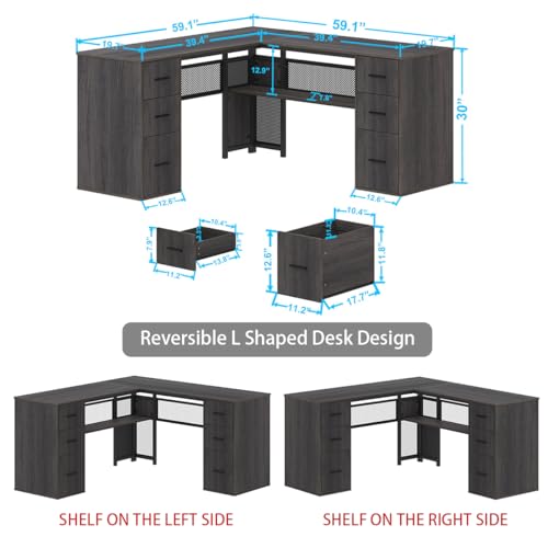 HSH L Shaped Corner Home Office Desk with Drawers, Large Computer Desk with Storage File Cabinet Shelves, Rustic Wood Metal Computer Table for Bedroom Executive Work Study Writing, Dark Gray, 59 Inch - color: Dark Gray Oak