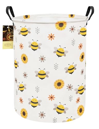 Collapsible Fabric Storage Basket, Waterproof Laundry Hamper with Handles, Round Storage Bin for Clothes Toys, Foldable Organizer for Bedroom Nursery Bathroom(Round-Bee) - color: Round-Bee