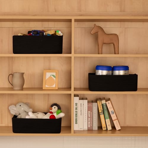 MiniArk Large Shallow Organizing Baskets 15x11x5.1 Inches - Rope Woven Storage Bins for Bathroom, Shelves, Cube Closet, Black 2 Packs - color: Black, size: 2pcs-L15×W11×H5.1"