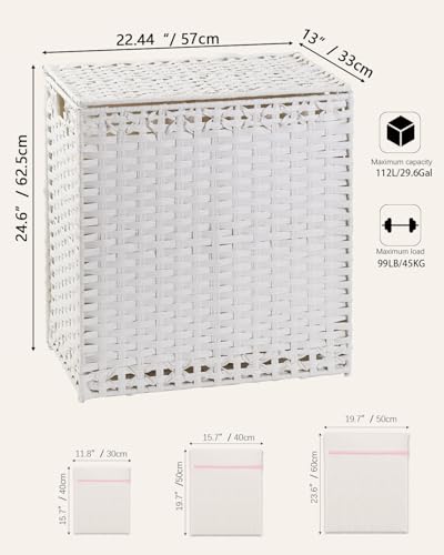 SETVSON Laundry Hamper with Lid Wicker Laundry Basket 112 L (29.6 Gal) Laundry Hampers Handwoven Rattan Clothes Hamper with Handles 3 Removable Liner Bag, 6 Mesh Bags for Bathroom Bedroom White - color: White, size: 29.6 Gal