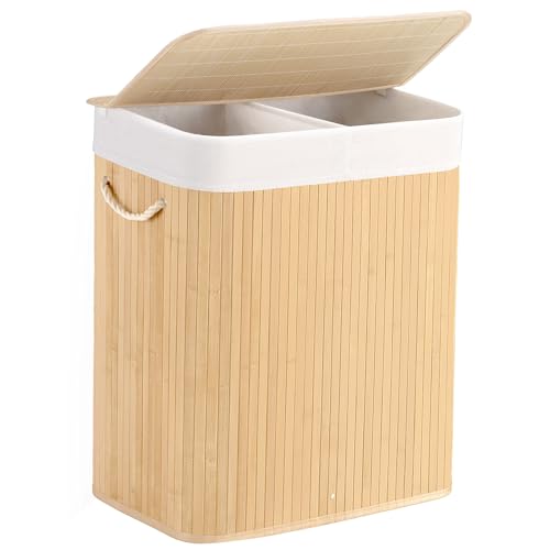 Aliphon 100L Laundry Hamper with lid, 2-Section Clothes Laundry Basket with Handles, Large Collapsible Bamboo Baskets for Bedroom, Bathroom, Dorm, Natural Beige - color: Natural Beige, size: 100L