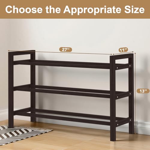 Haddockway Bamboo Shoe Rack for Closet, Free Standing Shoe Organizer with Smooth Round Rods & Convenient Handles, Stackable Shoe Storage Shelf for Entryway, Hallway(Brown, 3-Tier) - color: Brown, size: 3-Tier_Standard