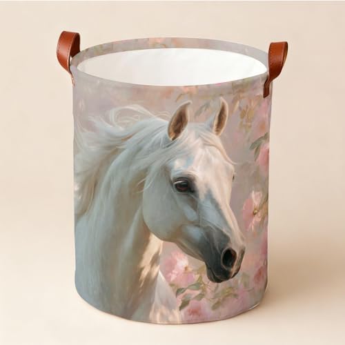Horse Lover Laundry Hamper Foldable Oxford Fabric Laundry Basket with White Horse Floral Art 15.75 x 19.7 Inch Dirty Clothes Bin with Handles for Bedroom Nursery Dorm Laundry Room - color: Colorful591