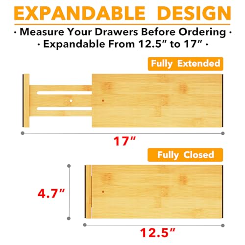 SpaceAid Bamboo Dresser Drawer Dividers 6 Pack, 4.65“ High Adjustable 12.5“-17” Drawer Organizers, Expandable Organization for Clothing, Clothes, Dressers, Natural - color: NATURAL, size: 4.65''H, 12.5''-17''L
