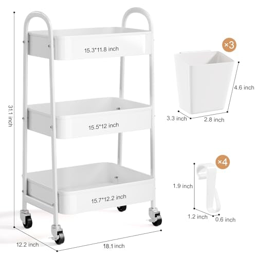 3 Tier Heavy Duty White Metal Rolling Cart with Lockable Wheels, Three Tier Roller Book Snack Cart, Utility Storage Organizer Carts for Kitchen, Bathroom, Garage, Baby Diaper, Craft, Art, Teacher - color: Simple White, size: 3 tier