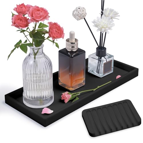 Bloss Vanity Tray with Soap Dish - 11.8x5.1inch BathroomTrays, Silicone Vanity Tray, Marble Countertop Trays, Toilet Tank Tray, Kitchen Counter Trays - color: Black, size: 11.8" x 5.1" x 0.9"