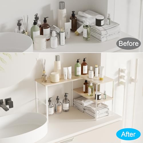 Golener Countertop Organizer Corner Shelf, 2 Tier Adjustable Stackable Corner Shelves for Kitchen, Bathroom, Spice Rack, Coffee Bar, Over Sink, Dresser Table, Corner Counter Shelf Stand, Natural Beige - color: Natural Beige, size: Large Modern