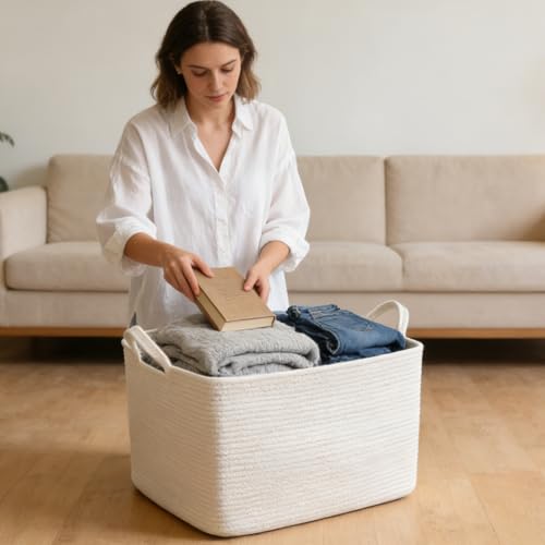 Large Blanket Basket,Woven Rope Basket Storage Bin with Handles,65L Rectangle Laundry Basket for Magazines,Toys,Clothes,Newspaper Shelf Organization,Nursery and Living Room,White - color: White, size: 21"x16"x12"(65L)