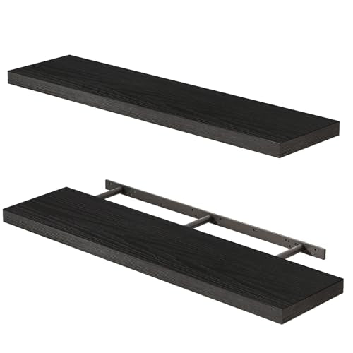 Fixwal Floating Shelves for Wall, 35" Long Heavy Duty Wall Mounted Rustic Wood Shelves for Living Room, Bedroom, Bathroom and Kitchen, Wall Shelves for Storage, Books, Room Decor (Black, Set of 2) - color: Black, size: 35in