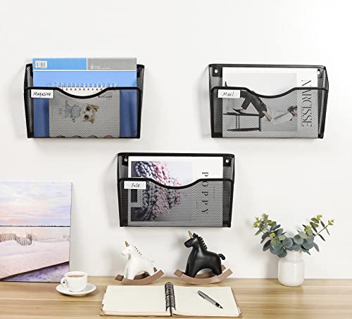 EasyPAG 3 Pack Wall File Organizer with Label Panel, Metal Mesh Hanging File Folder Holder for Letter/A4 Size Folders, Vertical Wall Mount Mail Sorter for Office Paperwork, Classroom, Black - color: Black With Panel
